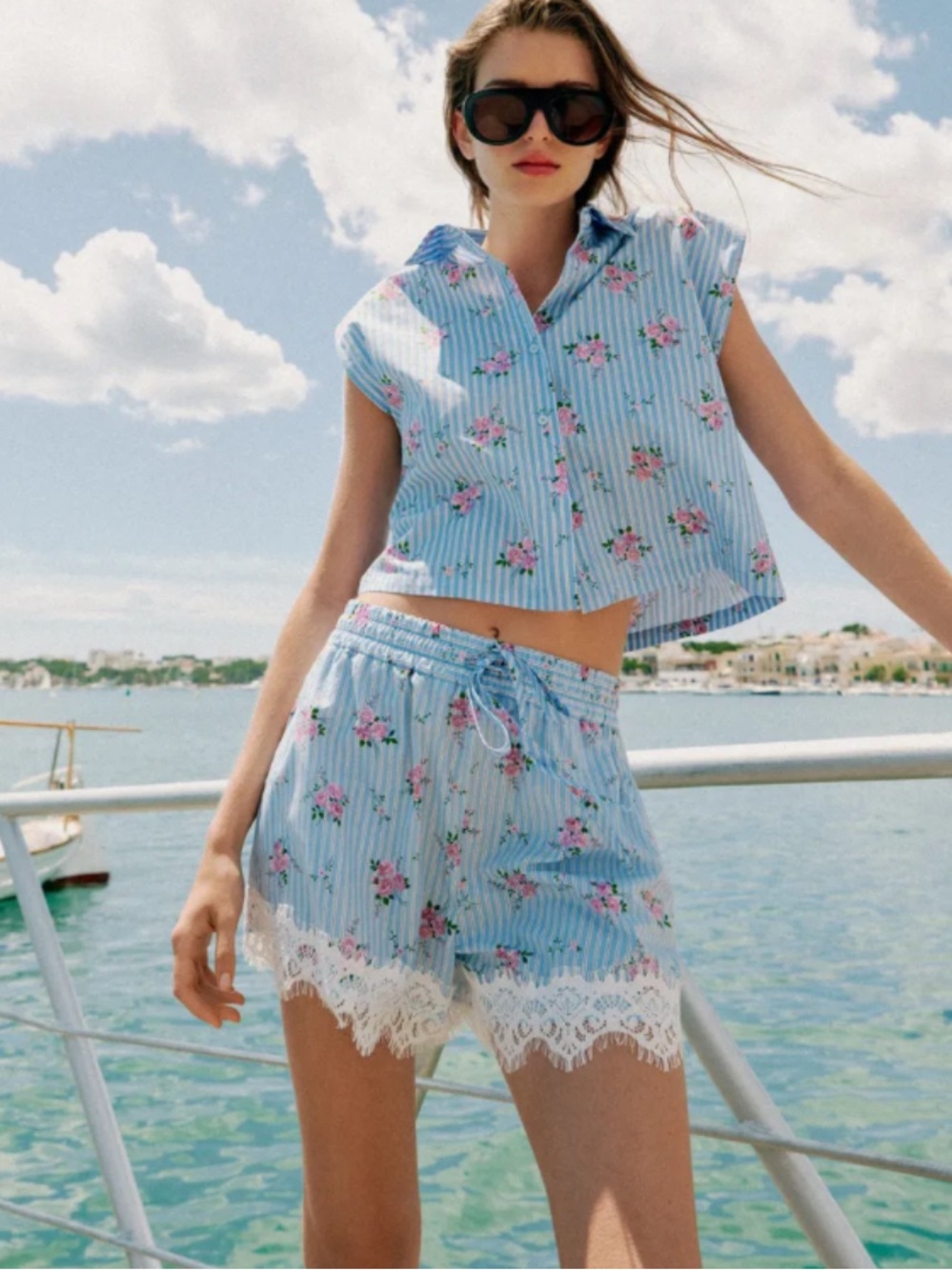 ZARA Blue Floral Stripe Top & Lace Trim Shorts Set (Top M / Shorts XS)
